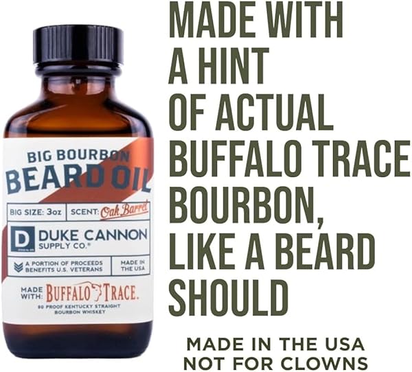 DUKE CANNON BIG BOURBON BEARD OIL – PREMIUM ORGANIC BLEND WITH APRICOT KERNEL, ARGAN, AND JOJOBA OILS, OAK BARREL SCENT, 3 OZ.