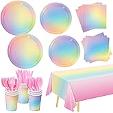 169 PCS Rainbow Party Decorations Disposable Paper Plates, Napkins, Cups, Cutlery, Tablecloth Pastel Rainbow Birthday Decorations for Girls, Baby Shower, Serves 24