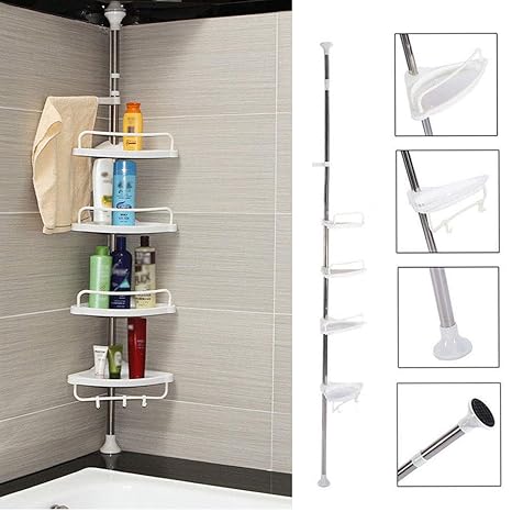 Badezimmer Eckregal, 4 Etagen Edelstahl Dusche Rack Caddy Badezimmer Teleskop Regal Organizer-Einheit Ordentlich Korb mit Hak