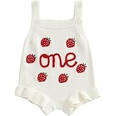 xkwyshop Baby Girl Birthday Outfit Knit Bubble Romper One Year Old Strawberry Embroidery Ruffle Sleeveless Bodysuit Clothes