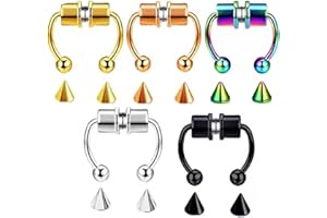 MILETINE Nose Rings,Fake Nose Ring,Septum Nose Ring,Piercing Jewelry Gift for Men Women,5Pcs Nose Ring Non Piercing Magnetic Stainless Steel False Horseshoe-shape Nose Hoop for Party - 5pcs