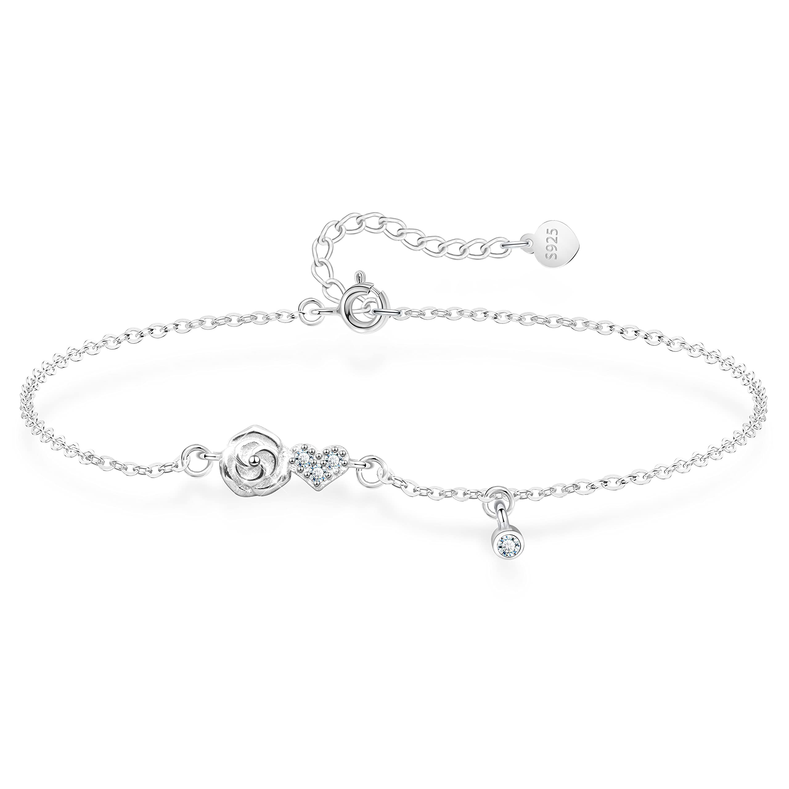 KristLand Heart Silver Bracelet for Women 925 Sterling Silver Bracelet White Gold Plated Adjustable Silver Bracelet Rose Flower Sparkly Heart Cubic Zirconia Hand Chain Gift for Ladies Girl