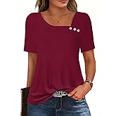 Soesdemo Short Sleeve Shirts for Women Asymmetrical Square Neck with Button Tops Casual Flowy Lightweight Summer Blouses
