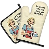 DYJYBMY Sorry I Don't Take Orders and I Barely Take Suggestions Funny Oven Mitts and Pot Holder Set, Funny Vintage Lady Kitchen Gadgets for Women, Housewarming Gifts for Chef Friend Mom Sister BFF