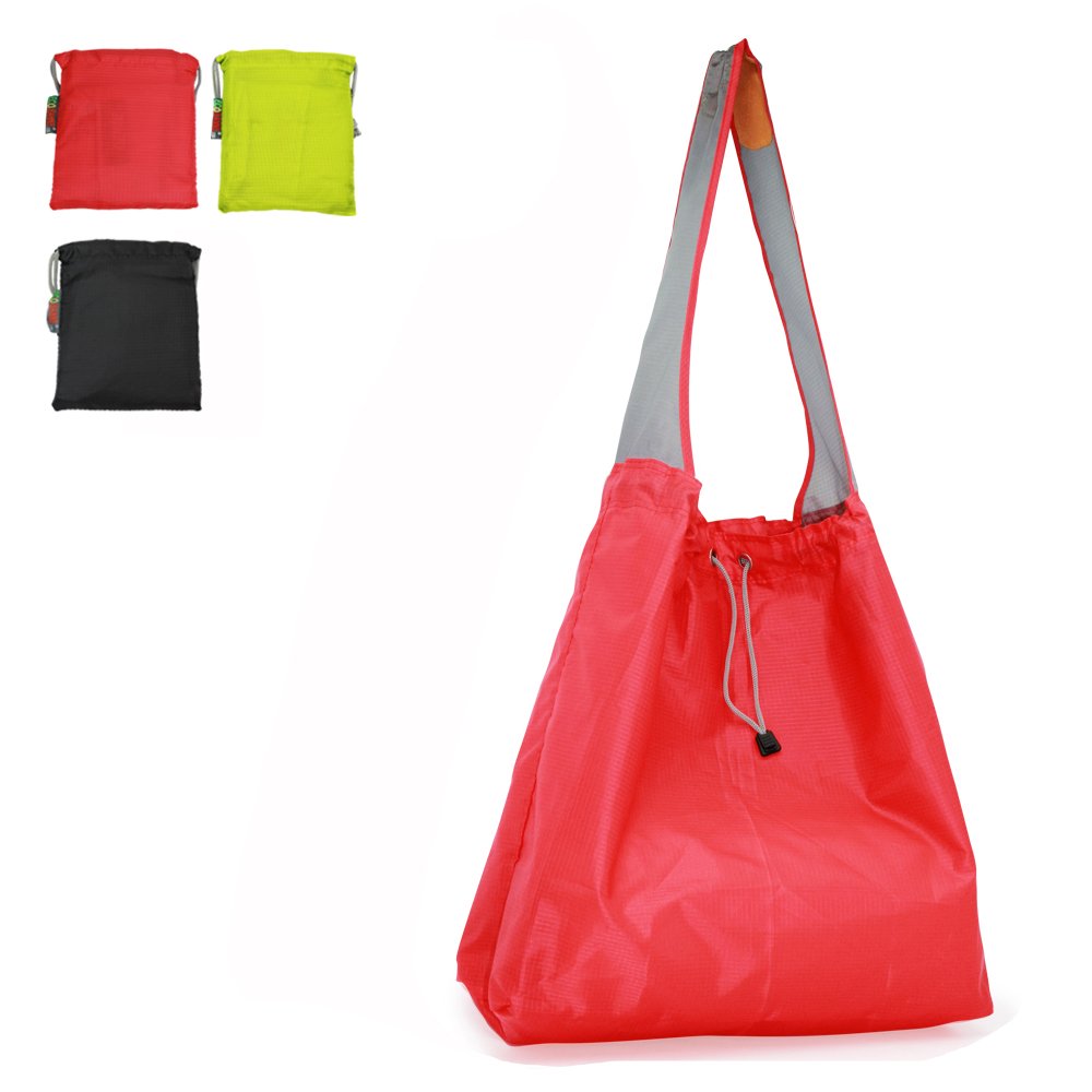 EcoJeannie 3 Pack Ripstop Nylon Foldable Reusable Grocery Shopping Bag with Pouch & Inner Pocket, Draw-String, Red-green-black, 15.5 H X 15 W X 5 Inch D / 28 Inch Handle