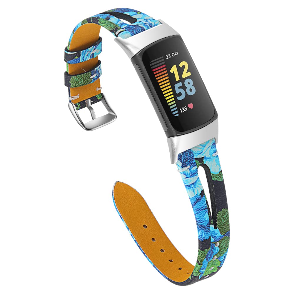 Gimuk Leather Strap Compatible with Fitbit Charge 5, Adjustable Replacement Strap Band Sport Fitness Wristband for Women Men (Black/Blue)