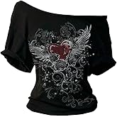 SweatyRocks Women's Goth Graphic Tees Off The Shoulder T Shirt Short Sleeve Trendy Tops