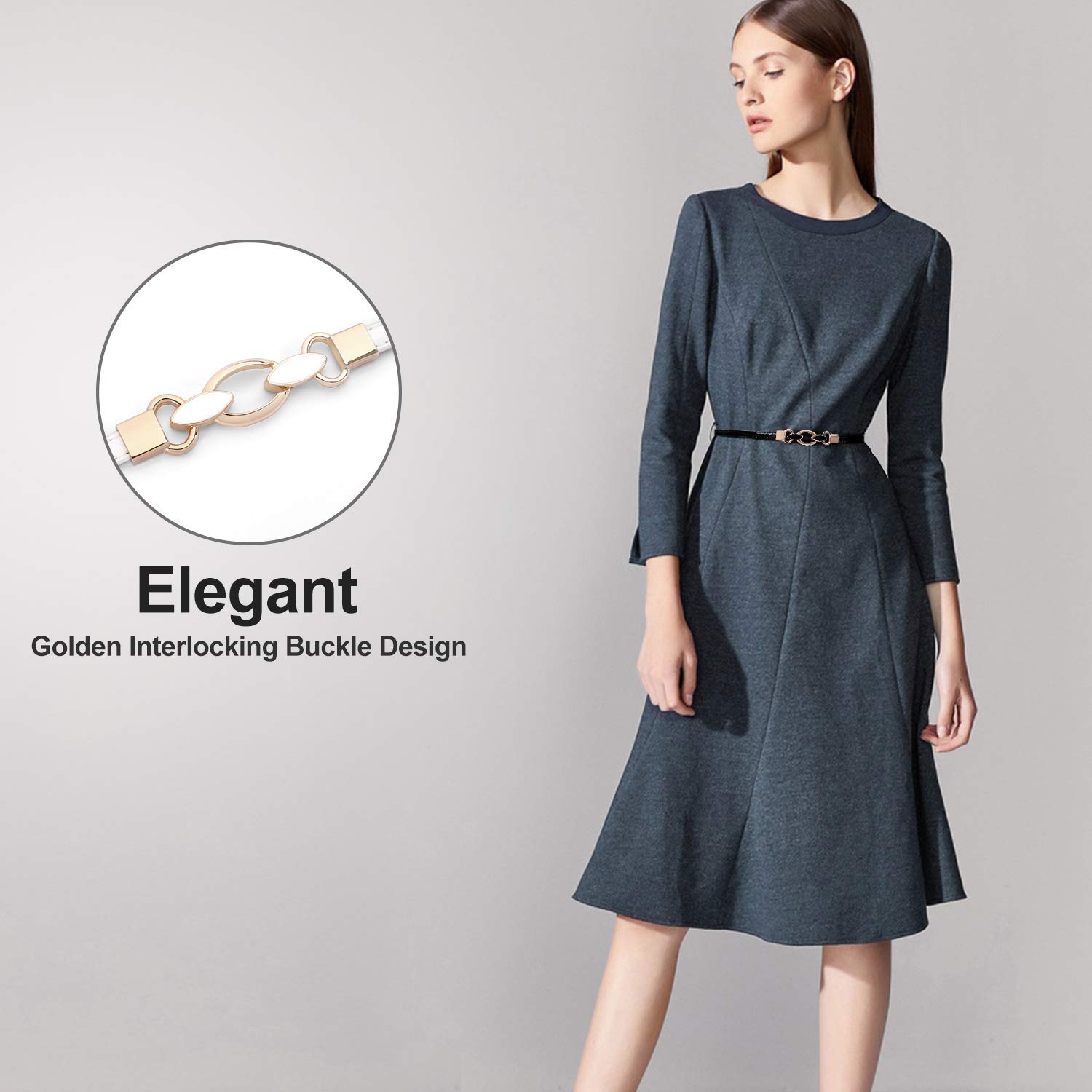 Patent Leather Skinny Women Belt Thin Waist Belts for Dresses with Interlocking Buckle