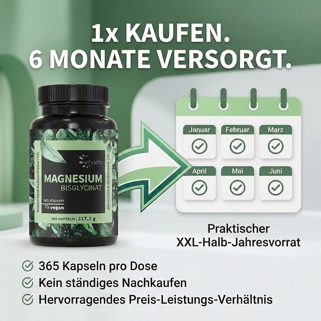 Vihado Magnesium Bisglycinat 365 XXL-Vorrat, 200 mg elementares Magnesium pro Tagesdosis, hochdosiert, 365 vegane Kapseln 2