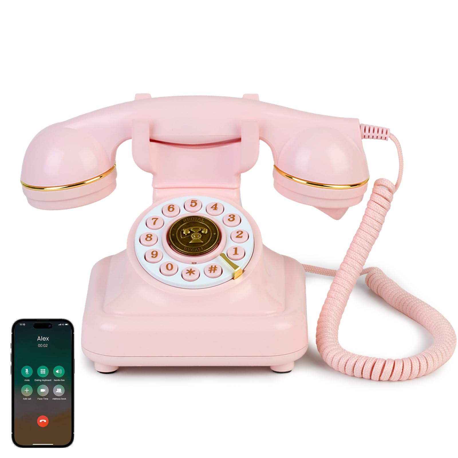 Photo 1 of Vintage Bluetooth Phone, Retro Desk Telephone with Gold Accents, Loud Nostalgic Ringtones, Bluetooth Connects to Smartphone for Home & Office, Pink