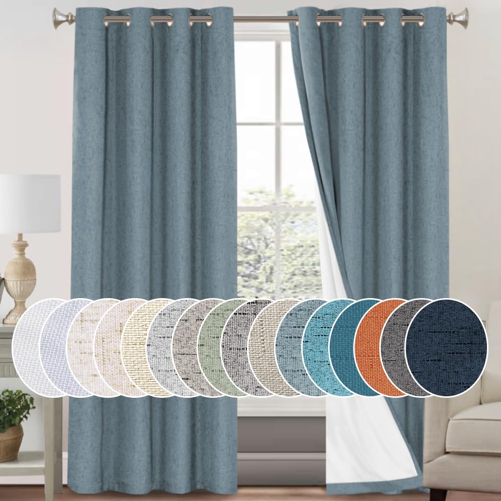 Photo 1 of PrinceDeco 100% Blackout Linen Textured Curtains for Living Room Black Out Curtains 96 Inch Long 2 Panels Set Grommet Room Darkening Curtains & Drapes Boho Home Decor for Bedroom,52 X 96In,Stone Blue