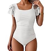 Eomenie Women's Tummy Control One Piece Swimsuit Ruffle Square Neck Bathing Suit Ruched Cutout Back Slimming Swimwear