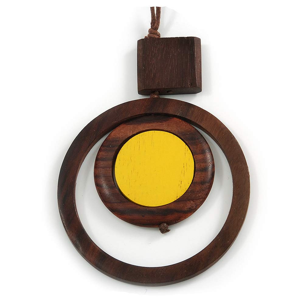 Avalaya Brown/Yellow Double Circle Wooden Pendant Brown Cotton Cord Long Necklace - 80cm L/ 10cm Pendant - Adjustable