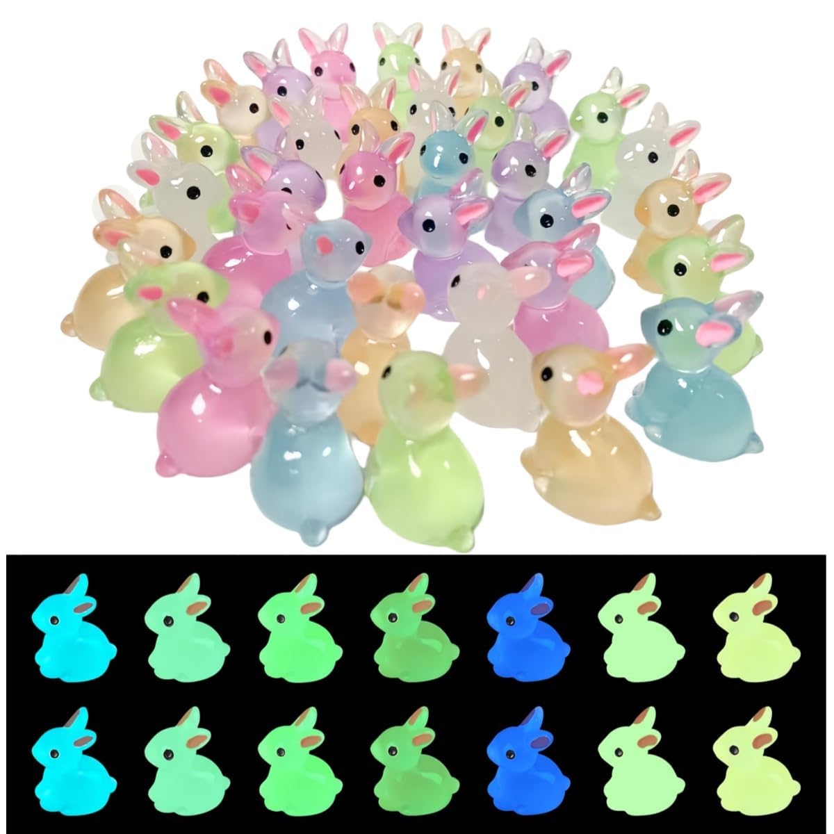60pcs Easter Luminous Mini Resin Bunny,Glow in Dark Resin Rabbit Figures for Fairy Garden Easter Egg Fillers Landscape DIY Terrarium Crafts(6 Colors)