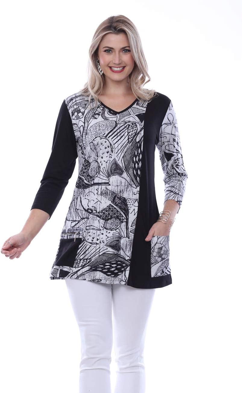 Parsley & Sage - Eva, 3/4 Sleeve, V-Neck, Ladies Black & White Pocket Tunic Top at Amazon Women 