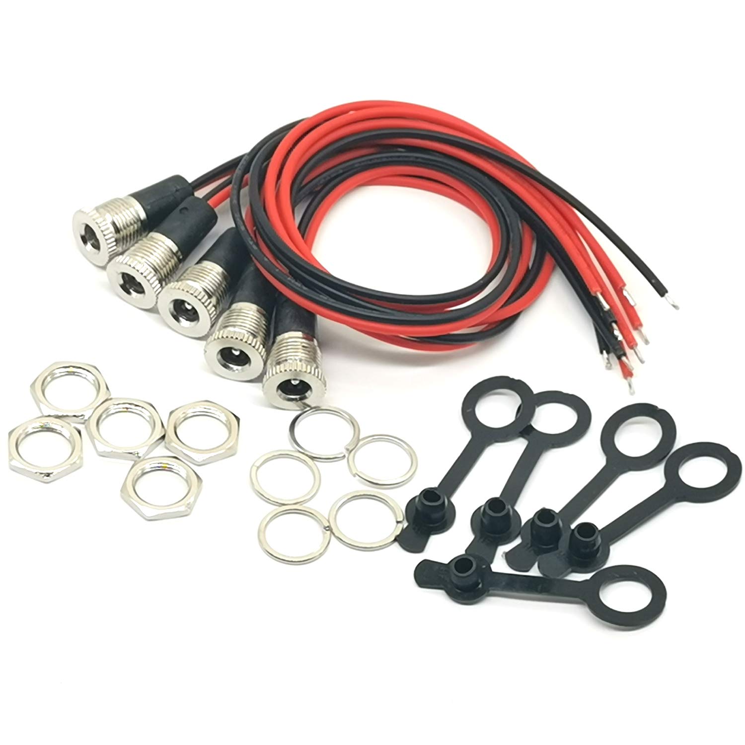 OUOU DC-099 DC Power Socket Adapter Cable,Threaded Female Jack Panel Mount Connector 5.5 x 2.1mm - with Waterproof Cover Cap [5 Pack]