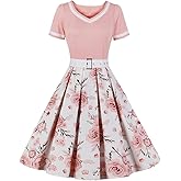 Women Floral Vintage Dress Elegant Midi Evening Dress 1950s Audrey Hepburn Vintage Style Rockabilly Swing Dress with Belt 50s Cocktail Party Dress Fit Fared A-Line Formal Prom Dress Pink-Floral L