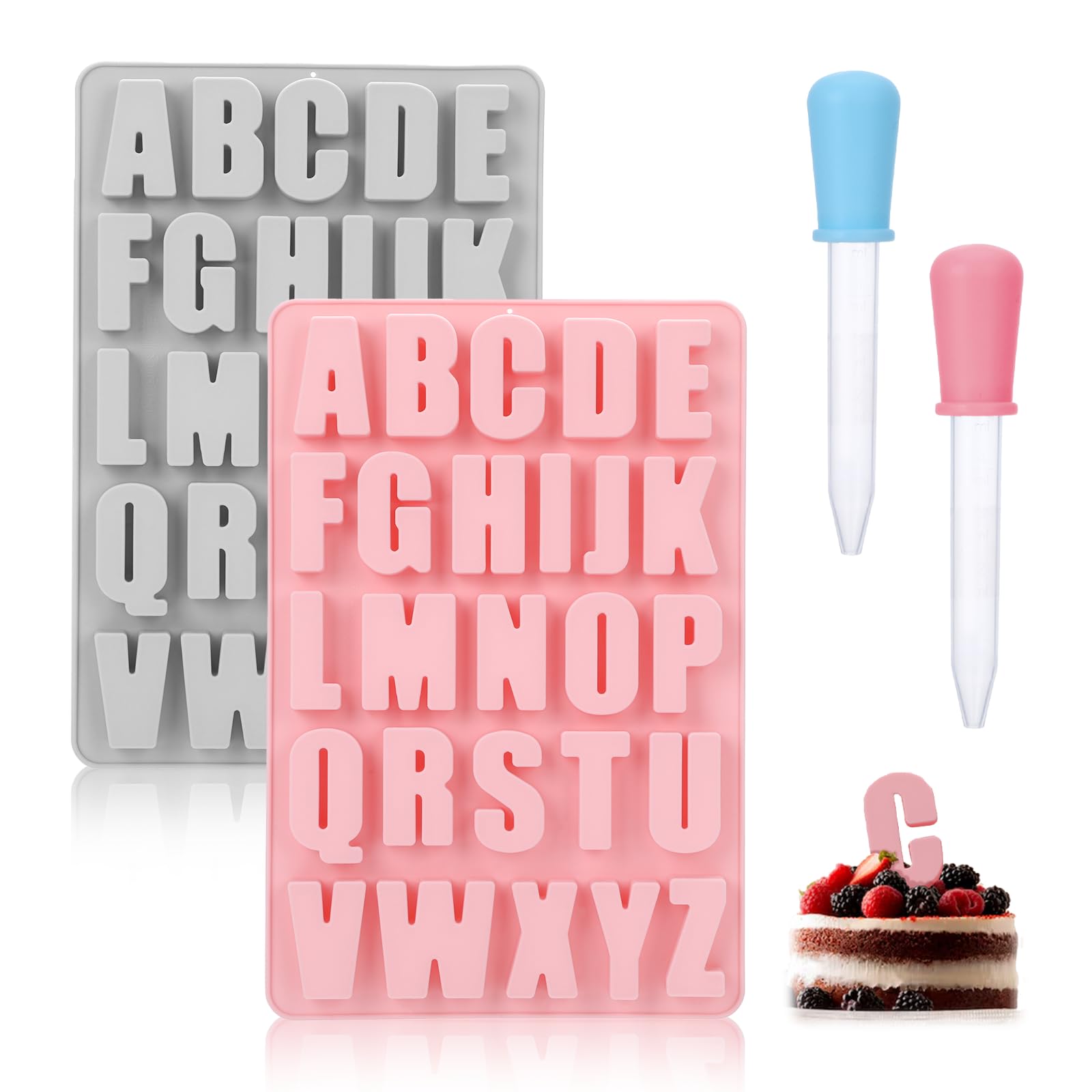 Photo 1 of 2 Pack Letter Molds for Chocolate,Silicone Letter Molds for Baking with 2 Dropper,Letter Mold,Alphabet Silicone Molds,Alphabet Crayon Trays for Baking Fondant Cake Biscuit Candy Resin Concrete (Pink)