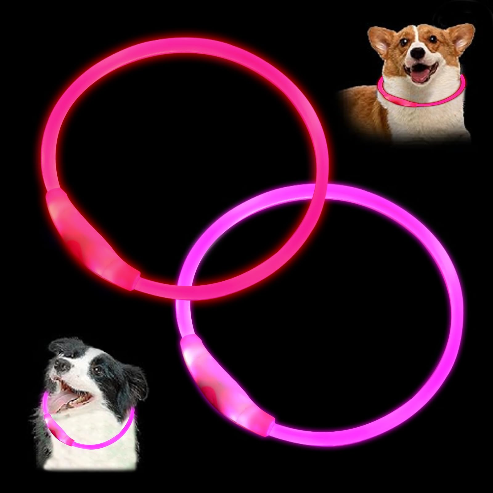 2 Pack LED Dog Collars, 27.5 in Cuttable USB Rechargeable Lighting Glowing Pet Collar for Night and Safety Light up Collar for Small Medium Large Cats Dogs (Pink, Red) — image 1
