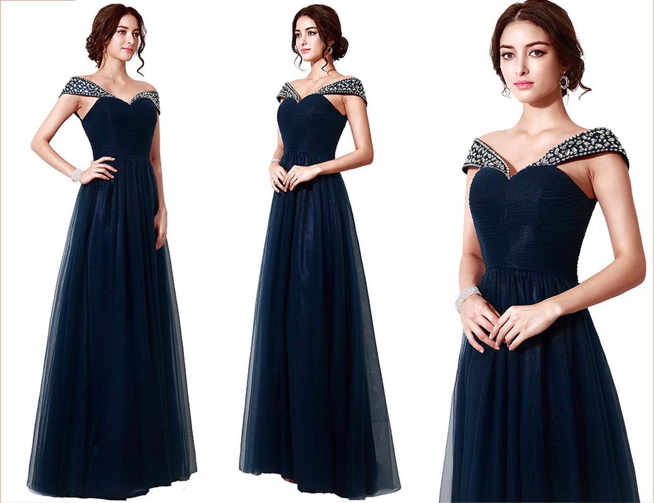 Women's Beaded Sleeveless V Neck Ruffled Tulle Bridesmaids Dresses