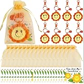 8 Sets Crochet Sunflower Keychains Handmade Smile Flower Keyrings&Positive Sunshine Cards Yellow Sunflower Motivational Key Chain Organza Bag Inspirational Appreciation Gifts for Christmas Party Favor