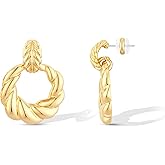 CoBi 18K Gold Plated Silver Drop Dangle Earrings for Women, Chunky Knot Earrings, Door Knocker Statement Earrings, Round Twisted Style, Trendy Fashion Jewelry, Lightweight & Hypoallergenic, Ideal Gift