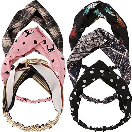 JIPIE 6-Pack of Assorted Elastic Twist Headbands Fashion Chiffon and Cotton Fabric Head Wrap Bandeau Hair Ribbon for Women and Girls