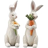 Newman House Studio Easter-Decorations Bunny-Decor Spring-Figurines Table-Centerpiece - 2PC Spring Decorations Resin Rabbits with Carrot and Flower Tabletop Ornaments for Home Farmhouse 4.5H inch