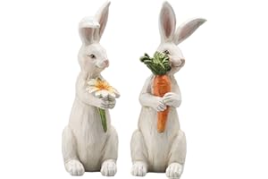 Newman House Studio Easter-Decorations Bunny-Decor Spring-Figurines Table-Centerpiece - 2PC Spring Decorations Resin Rabbits with Carrot and Flower Tabletop Ornaments for Home Farmhouse 4.5H inch