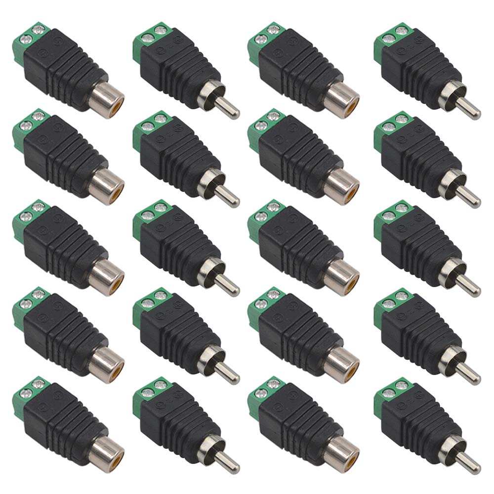 QitinDasen 10 Pairs Premium RCA Connector Set, RCA Male Plug & Female Socket to AV Screw Terminal Block Audio Video Connector Adapter, for CCTV Security Camera System
