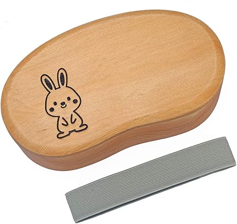 Amazon Eaoike そらまめ弁当箱 天然木をくり抜いて造られたおしゃれなおべんとう箱 うさちゃんのイラスト表側 弁当箱 オンライン通販