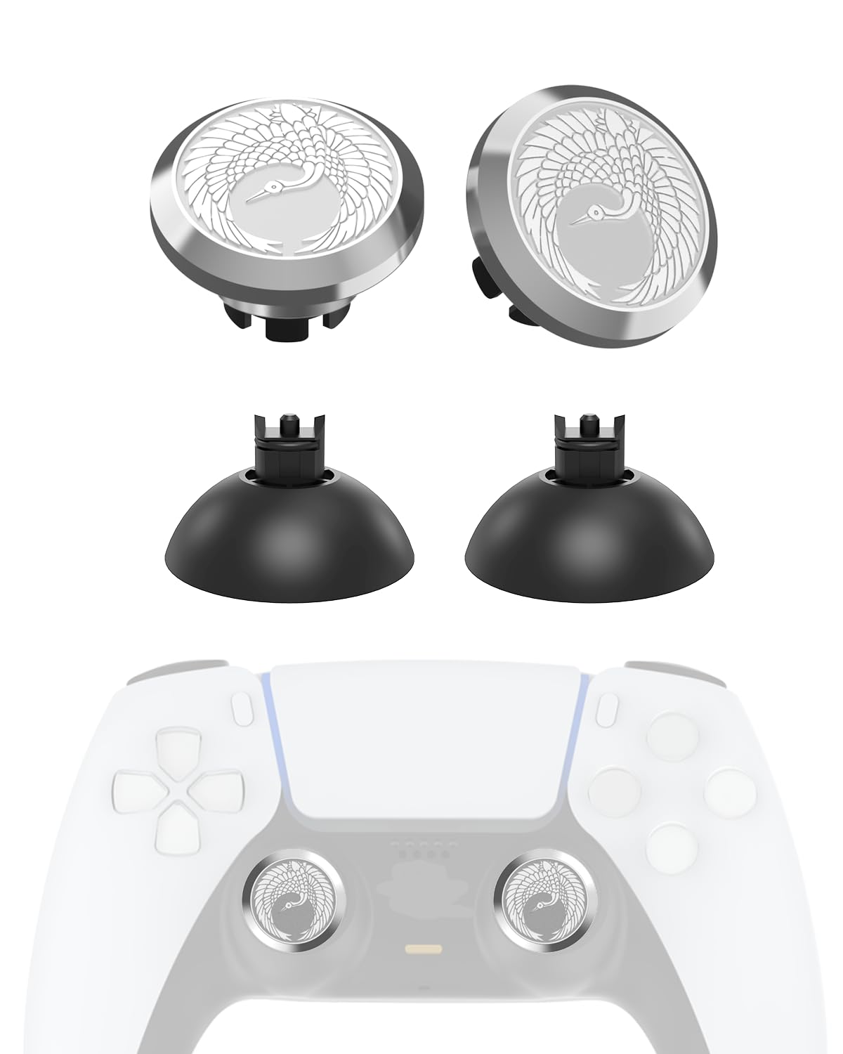 KD.FLY Metal Thumbsticks for PS5 Controller Joystick Replacement, Thumb Sticks for PS4 Controller, Custom Thumb Grips for Switch Pro Controller, 2 Joystick, 2 Thumbstick Base, Flying Crane