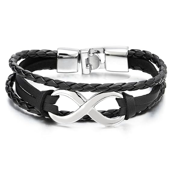 COOLSTEELANDBEYOND DREI Reihen Unendlich Liebe Number 8 Freundschaftsbänder Schwarz Lederarmband für Damen Herren