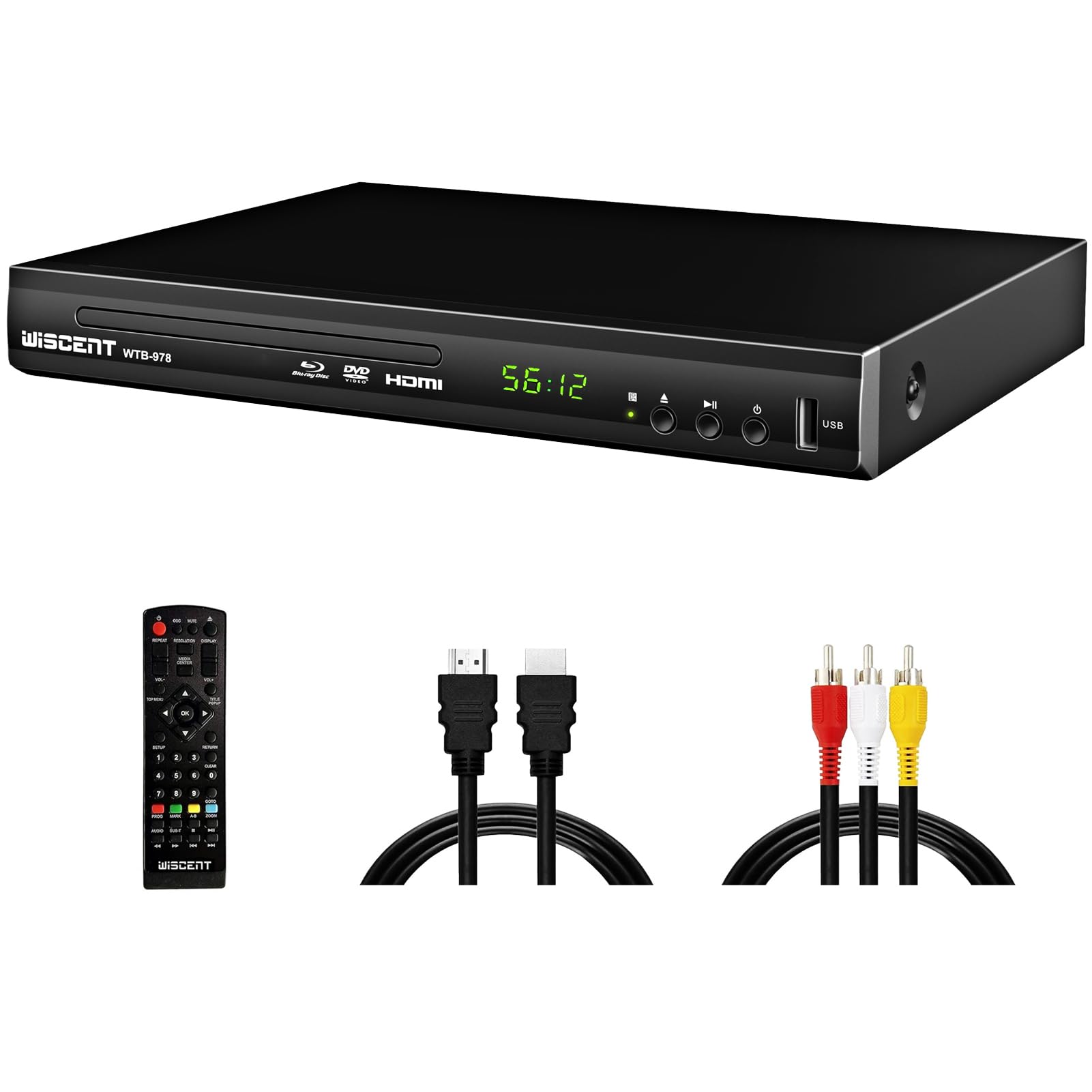 Blu-Ray Player für TV, WISCENT DVD Player mit Koaxial/HDMI/AV/Ausgang, USB-Eingang, Alle DVDs und Region B/2 Blue Ray Discs, Kompakter Full HD 1080p Bluray Player