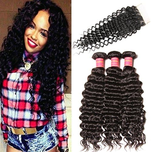 Longqi Hair Brazilian Weave Deep Wave Virgin Hair 4x4 Lace Closure with 3 Bundles Unprocessed Human Hair Extensions Natural Color 95-100g/pc(14 16 18+12)