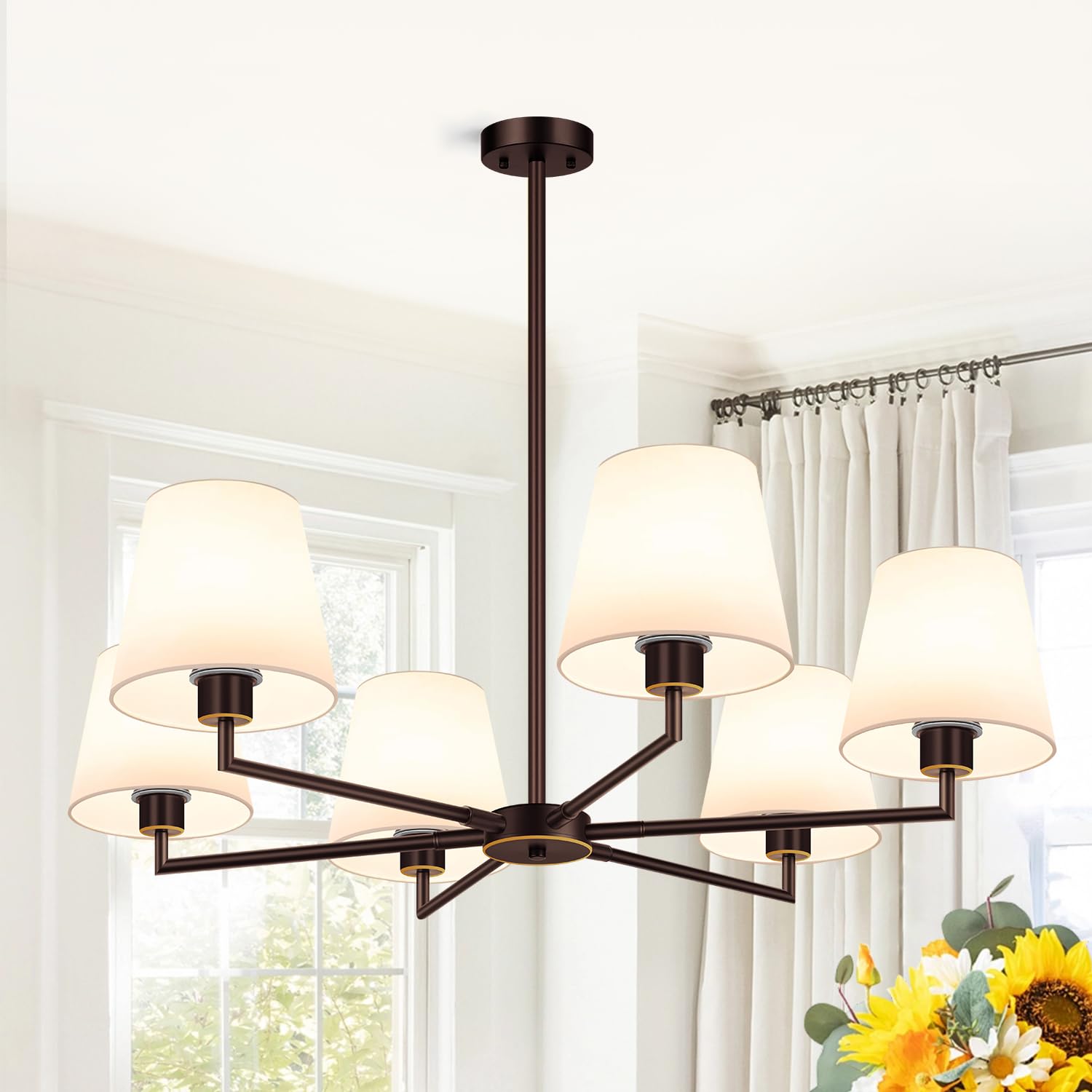 Photo 1 of 36" Oil-Rubbed Dining Room Light Fixture, No Assembly Required 6-Lights Kitchen Chandelier for Dining Room with White Fabric Shade, Chandelier Ceiling Light Fixture for Kitchen Bulb Not Included