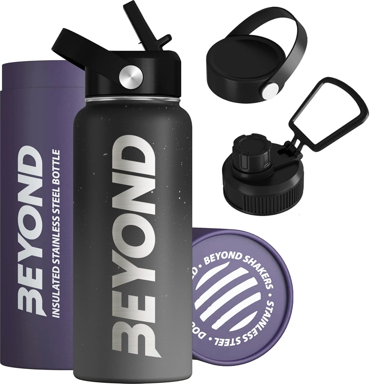 Beyond Premium Vacuum Insulated Stainless Steel Double Walled Stainless Steel Water Bottle 1000ml Wide Mouth Sports Drink Flask BPA Free (Black & Grey)