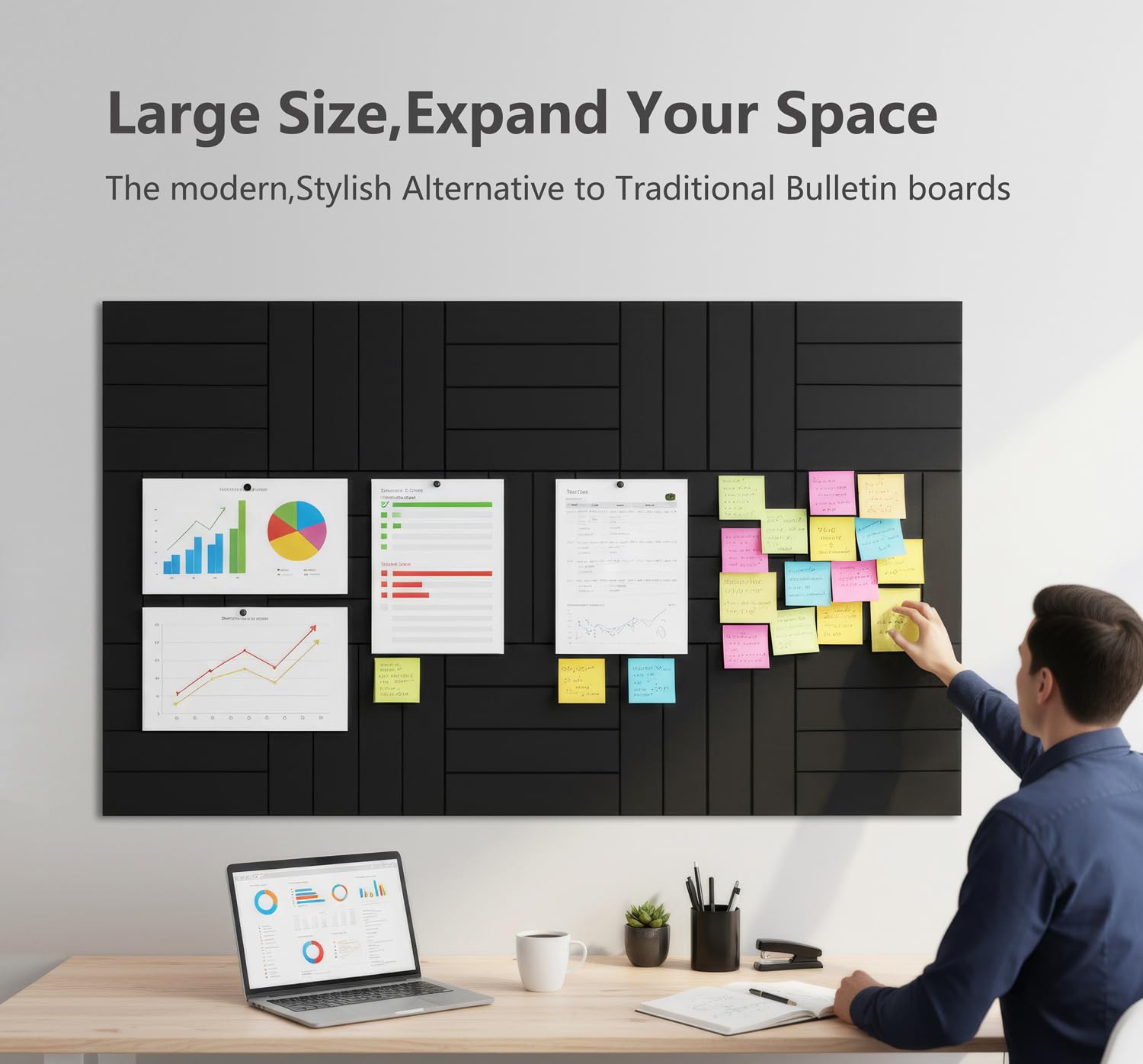 G Gamit Large Felt Wall Tiles Bulletin Board 59”x36”,Large Cork Board Alternative with 60 Pushpins, 15-Pack Felt Pin Board with 112 Safe Removable Adhesive Tabs for Home Office School (Black)