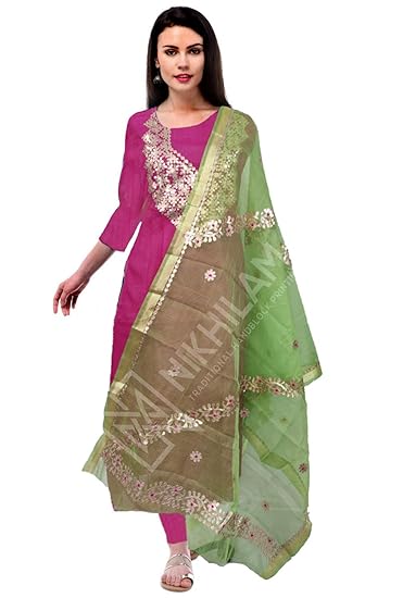 NIKHILAM Womens Gota Patti Work Kota Doria Cotton Suit Top and Dupatta Dress Material (Free Size)