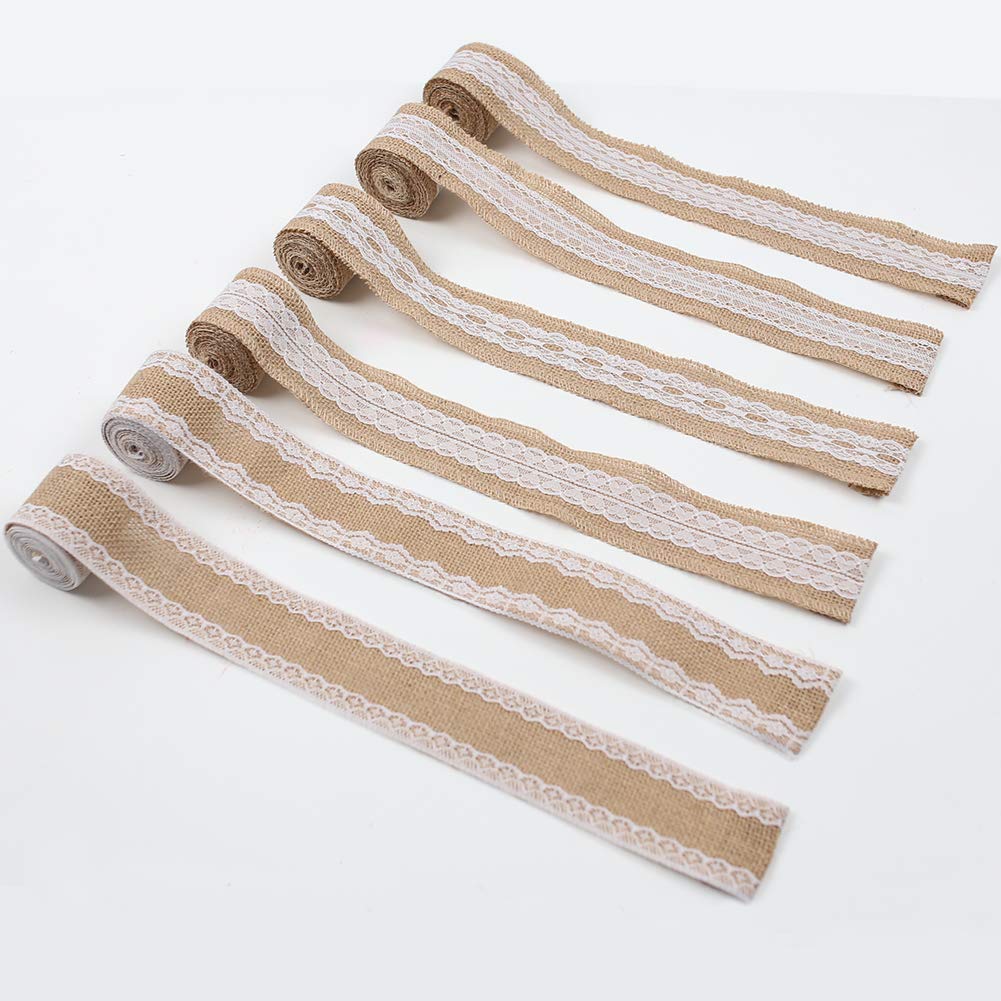 VGOODALL Juteband Spitzenband, Vintage Hessische Natürliche Sackleinen Band mit Weisse Spitzen für DIY Handwerk Hochzeit Party Weihnachten Deko (6 Rolle)