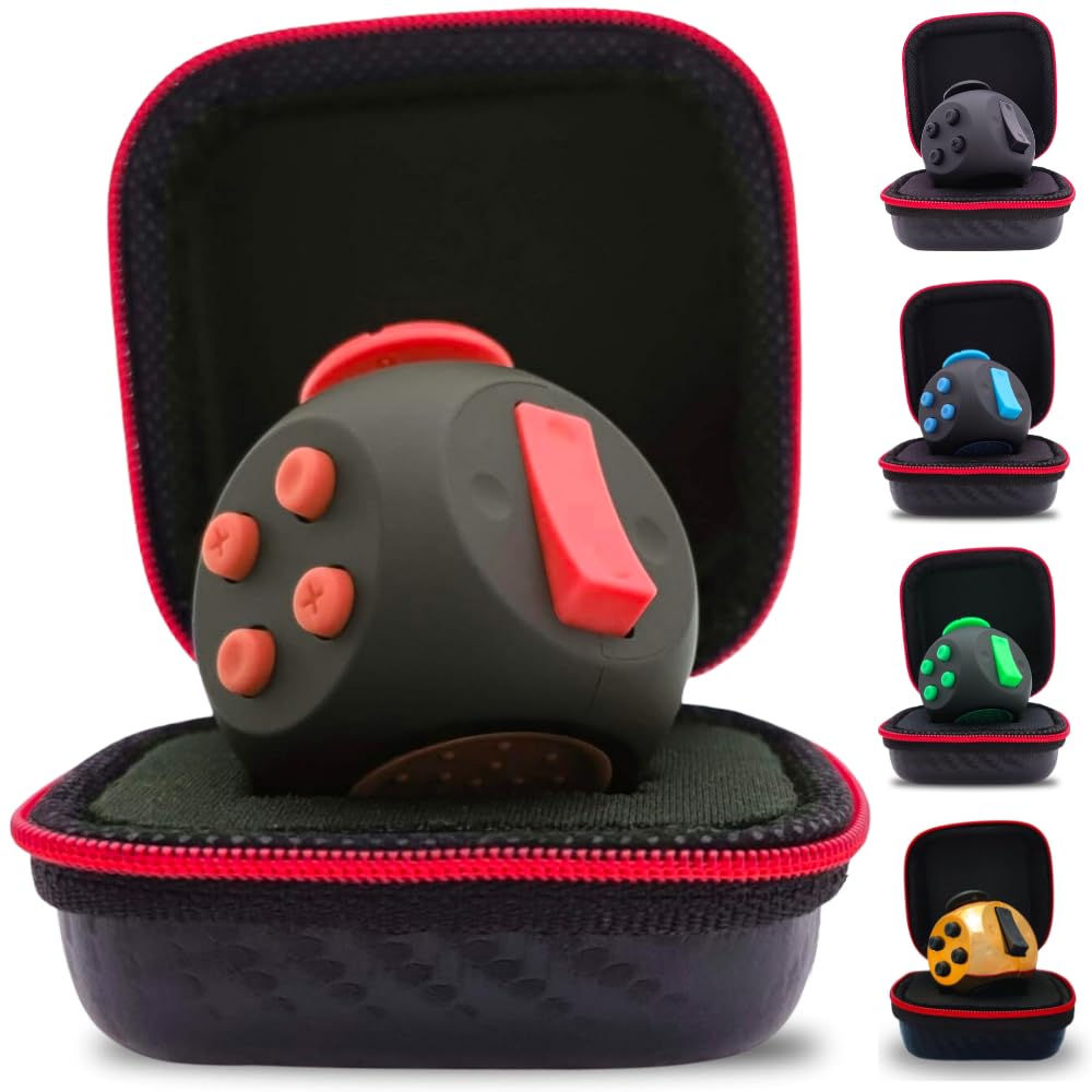PILPOC theFube Fidget Cube - Deluxe Authentic Fidget Toys for Adults & Kids - Premium Protective Case, Stress Cube, Anxiety Toys, ADHD, OCD, Autism. Quiet Sides & Fidget Clicker Toy (Black & Red)