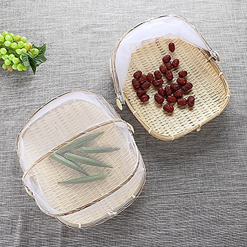 Hand-Woven Bug- proof Basket Dustproof Sun Basket Handmade Fruit Vegetable Bread Cover Picnic Basket with Gauze Ksruee