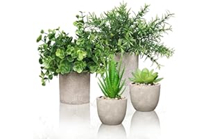 4 Set Artificial Plants Indoors in Pots, Small Plastic Fake Plants, Eucalyptus, Rosemary, Mini Succulents Faux Plant for Offi