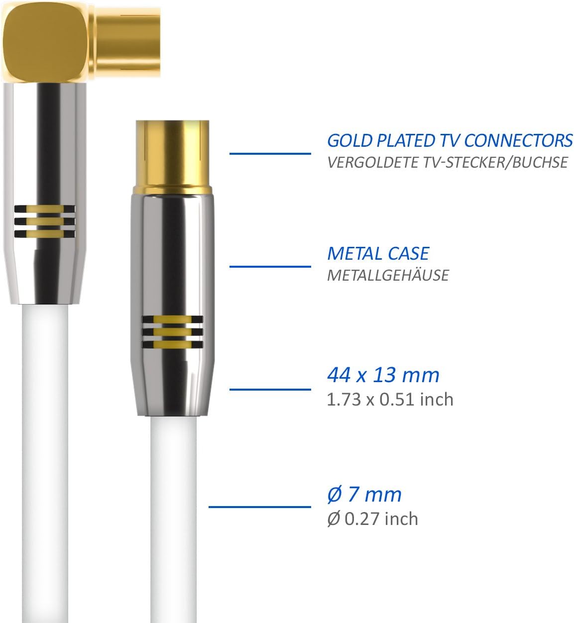 deleyCON 3.0m (9.84 ft.) TV Antenna Cable Coaxial Cable Gold-plated connector 1x 90° angle 1x straight Metal Connector UltraHD FullHD HDTV - Image 5