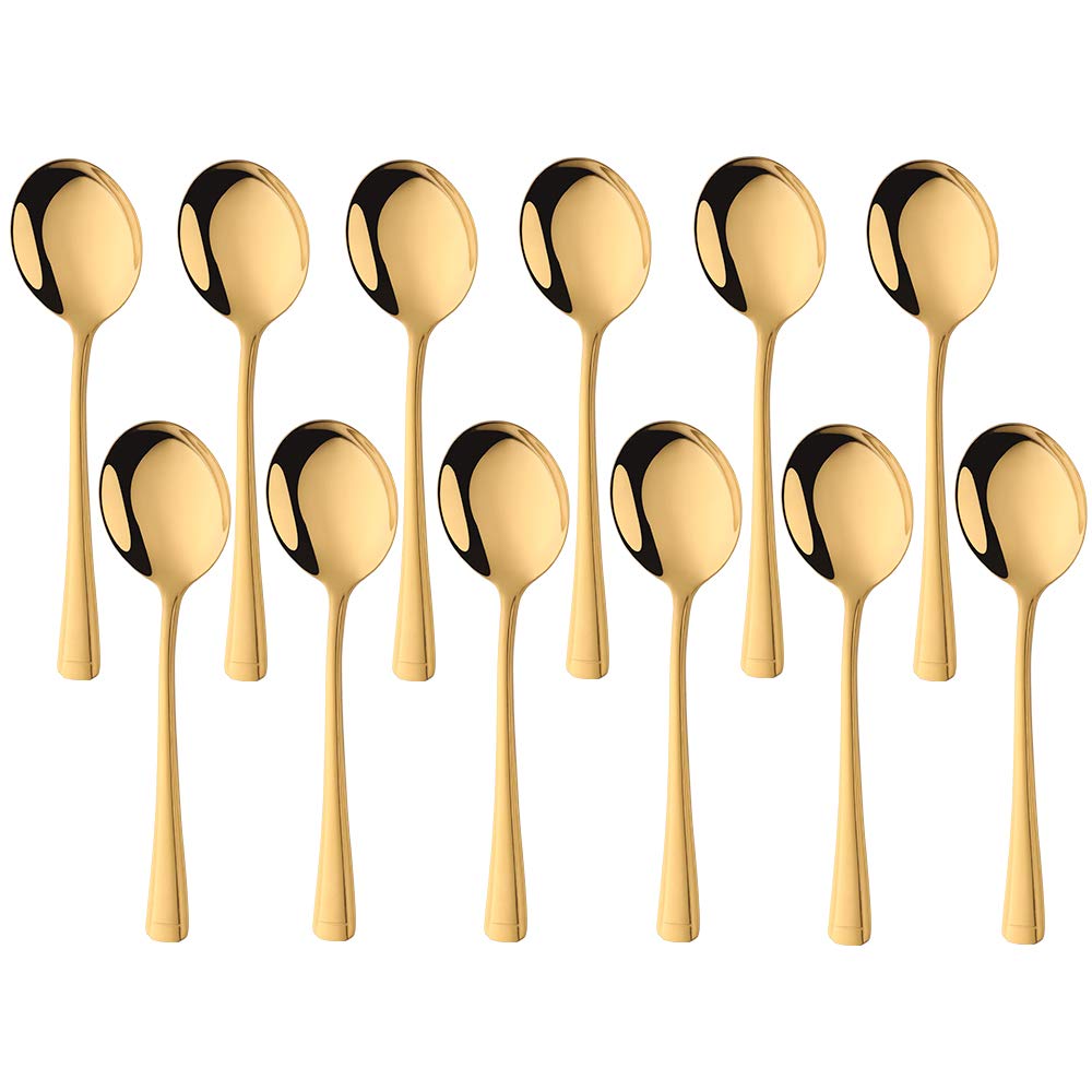 Meisha Round Bouillon Spoons, 12-Piece Harley Pattern Stainless Steel Soup Spoons Set, Table Spoons Use for Home, Kitchen or Restaurant, Gold