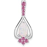 14k White Gold Pendant Necklace for Women with Pear Shaped Opal Center and Pink Sapphires in a Floral Design, Elegant October Birthstone Gemstone Jewelry, Dainty Romantic Fine Jewelry Piece