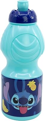 Botella Infantil Stitch 400ml de Plástico con Tapón Antigoteo y Banda Antideslizante para Niños