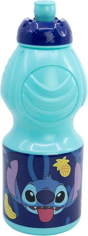 Garrafa de plástico infantil Stitch de 400ml com tampa anti-gotejamento e fita antiderrapante para crianças sem BPA