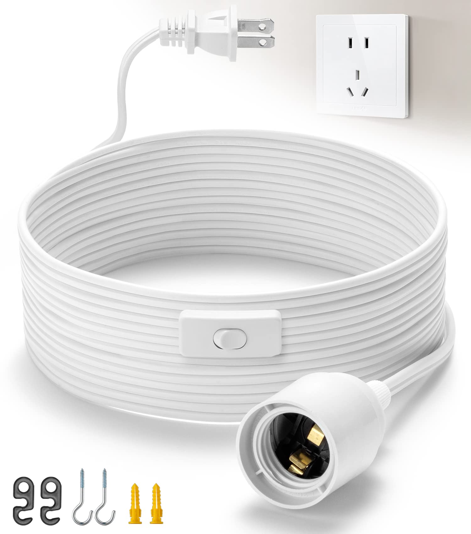 Photo 1 of Light Bulb Cord 15Ft - White, Hanging Light Cord with E26 Light Bulb Socket, On/Off Switch, Polarized Plug, Hanging Lantern Cord, Plug in Pendant Light Cord (No Bulb)