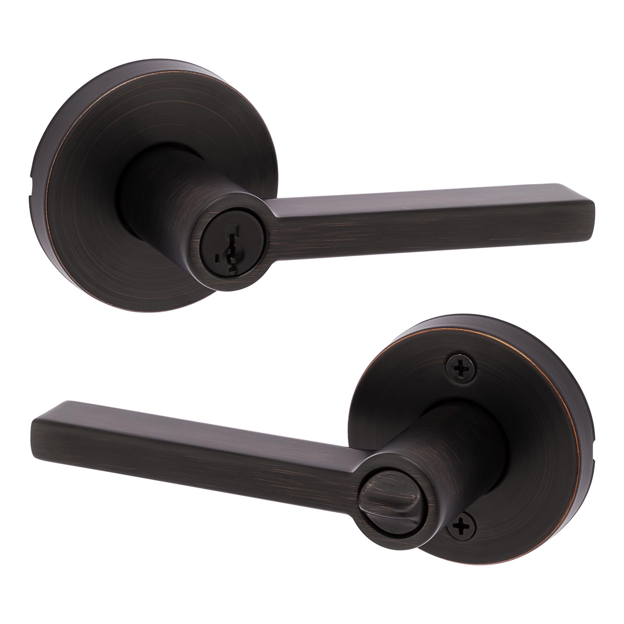 Kwikset Halifax Entry Door Handle with Lock and Key, Secure Round Keyed Reversible Lever Exterior, For Front Entrance and Bedrooms, Venetian Bronze, Pick Resistant Smartkey Rekey Security and Microban